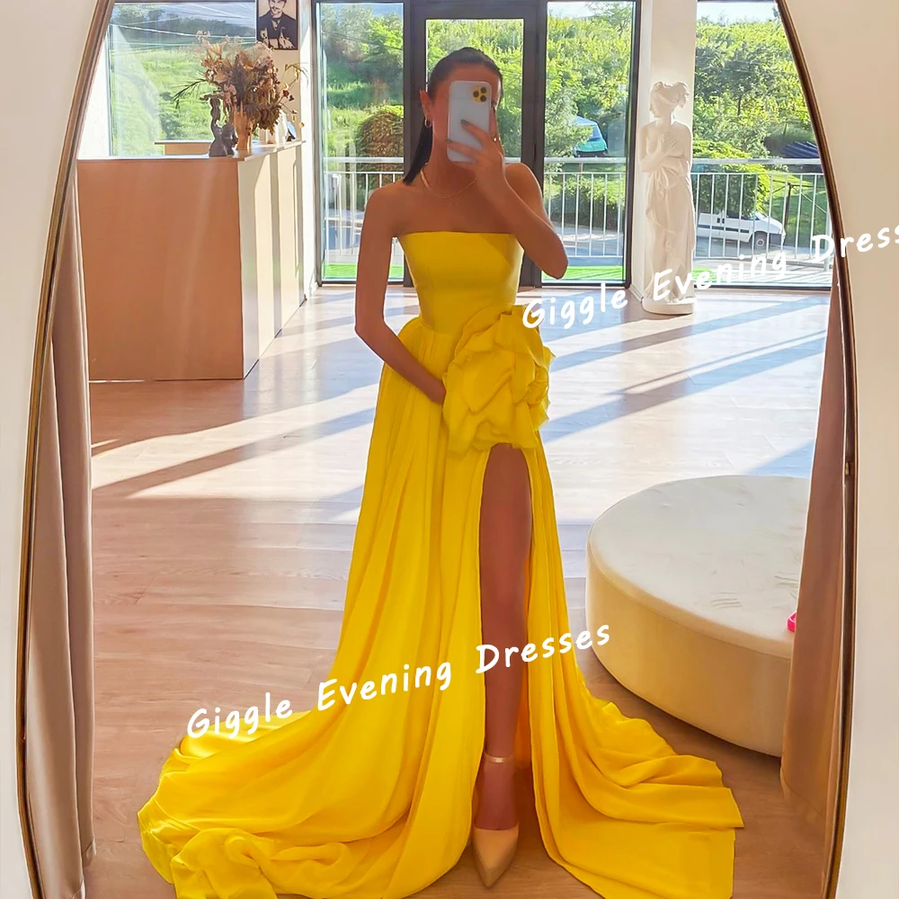 

Giggle Chiffon Strapless Pleating Flowers Prom Gown Saudi Arab Slit Elegance Floor-Length Evening Party Dresses for Women 2024