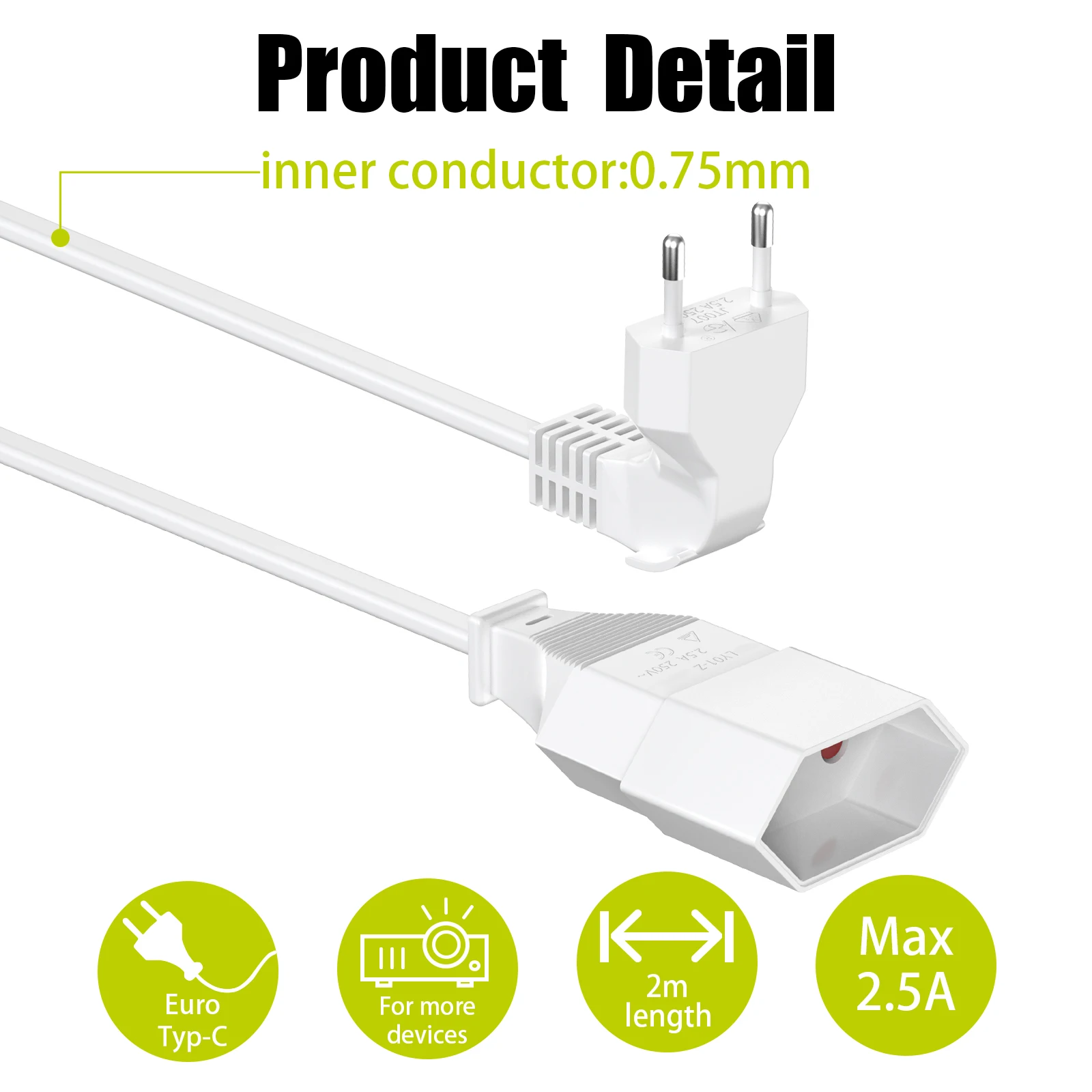 Multi-Length EU Plug Power Extension Cable - 3-Way Outlet, 2-Prong Male to Female Socket, 2.5A/250V