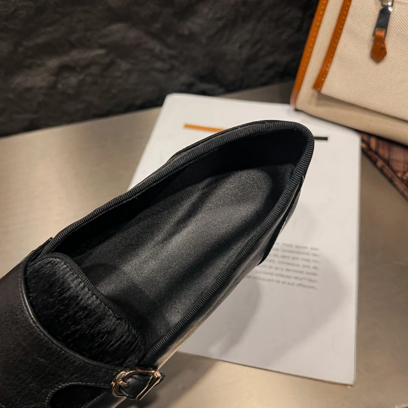 Women's New Spring and Autumn Round Head Genuine Leather Cowhide Low Heel Comfortable Soft Metal Belt Buckle Mom's Single Shoes