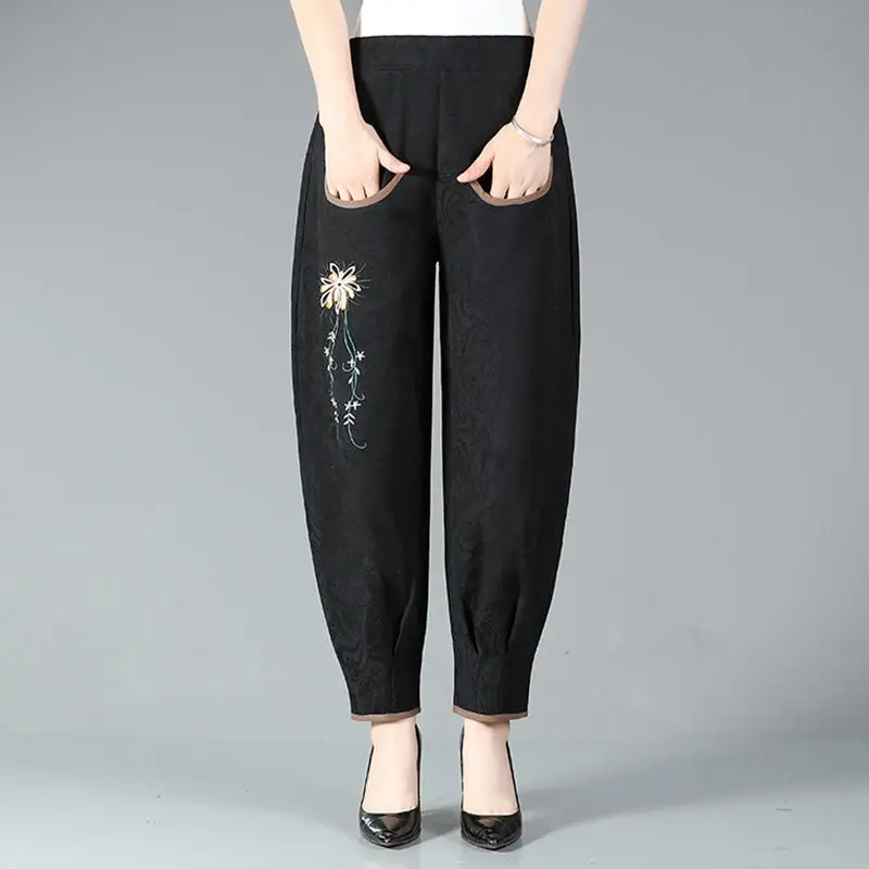 2023 New Spring and Summer Fashion Ethnic Style Embroidered High Waist Oversize Relaxed Radish Pants for the Middle and Elderly