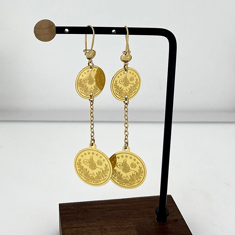 Gold Nautical Medallion Drop Earrings: 18k Gold or Silver