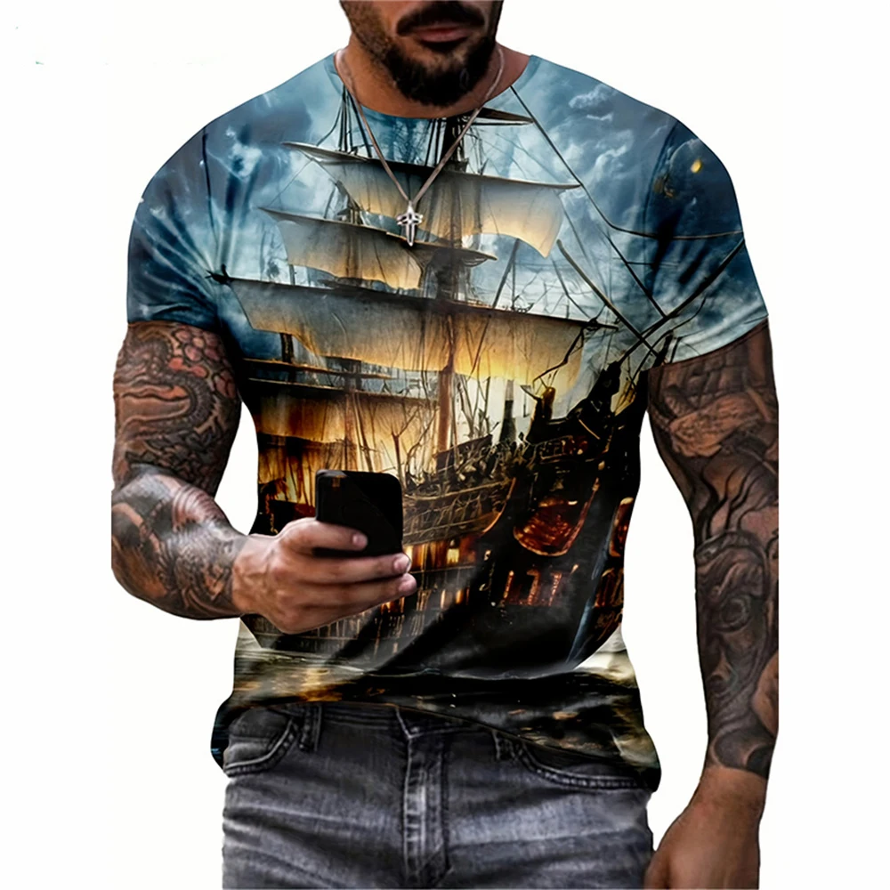 Mens Short Sleeve Pirate Ship 3D Print T Shirt