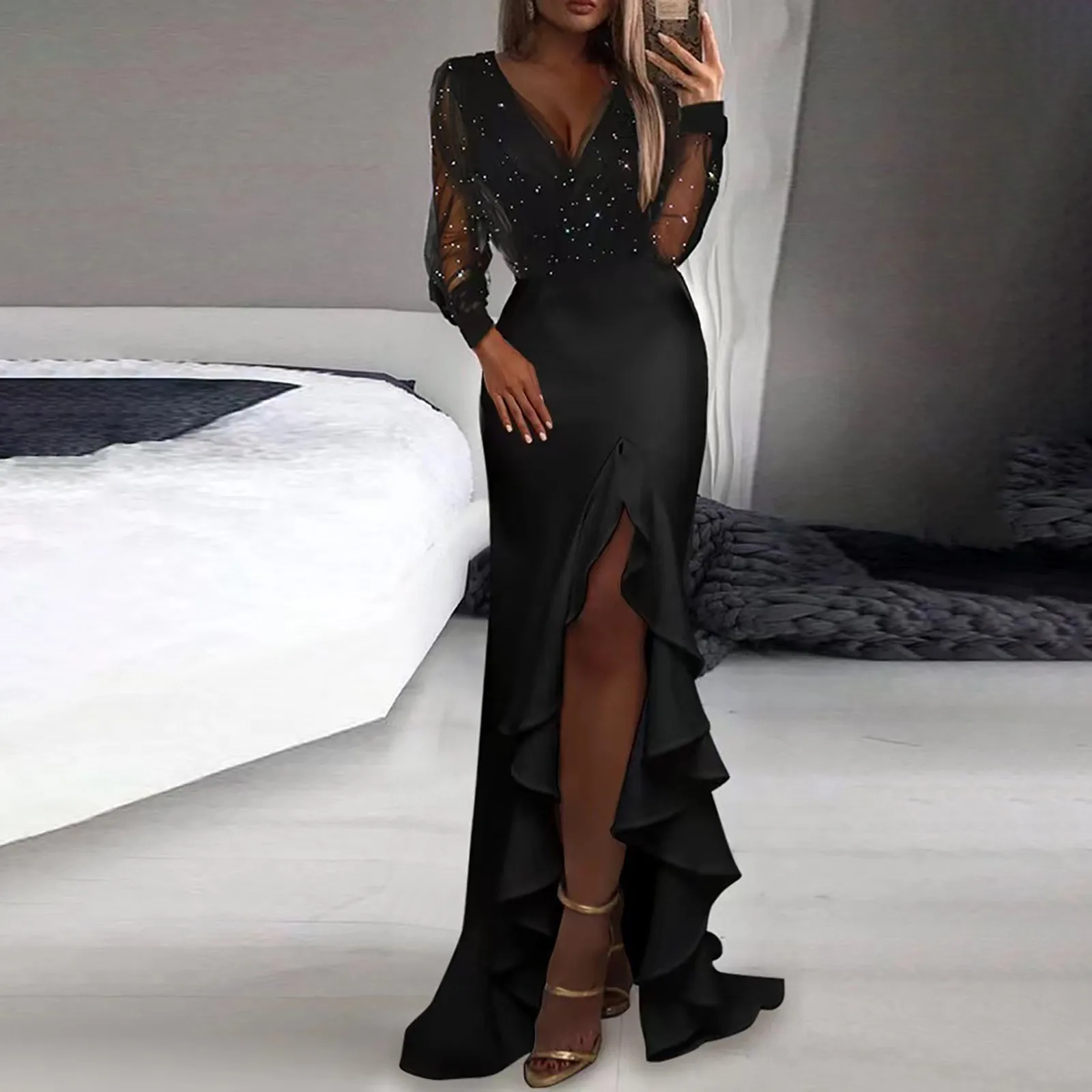 

Women's Wrapped Buttocks Gathered Waistband Black Mesh Sequin Long Skirt Deep V Neck Side Slit Irregular Evening Dress