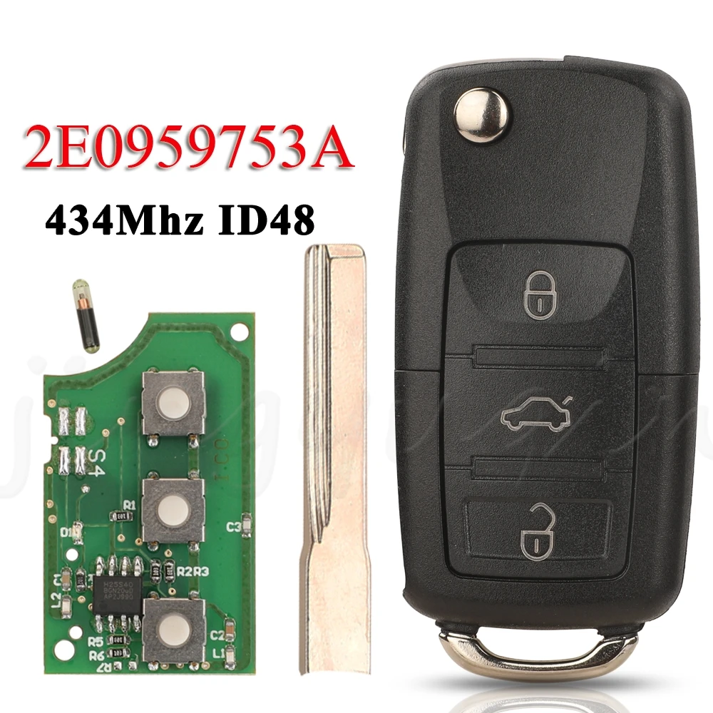 Jingyuqin 3-Button Remote Flip Key Fob with 434MHz ID48 Chip