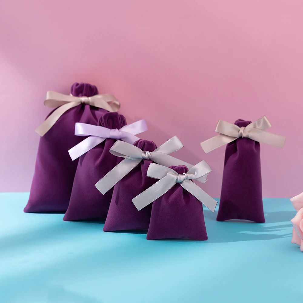 50pcs/lot  Jewelry Velvet Gift Bags with Ribbon Drawstring Box Packaging Pouch Wedding Party Makeup Cosmetic Cotton Flannel Bag