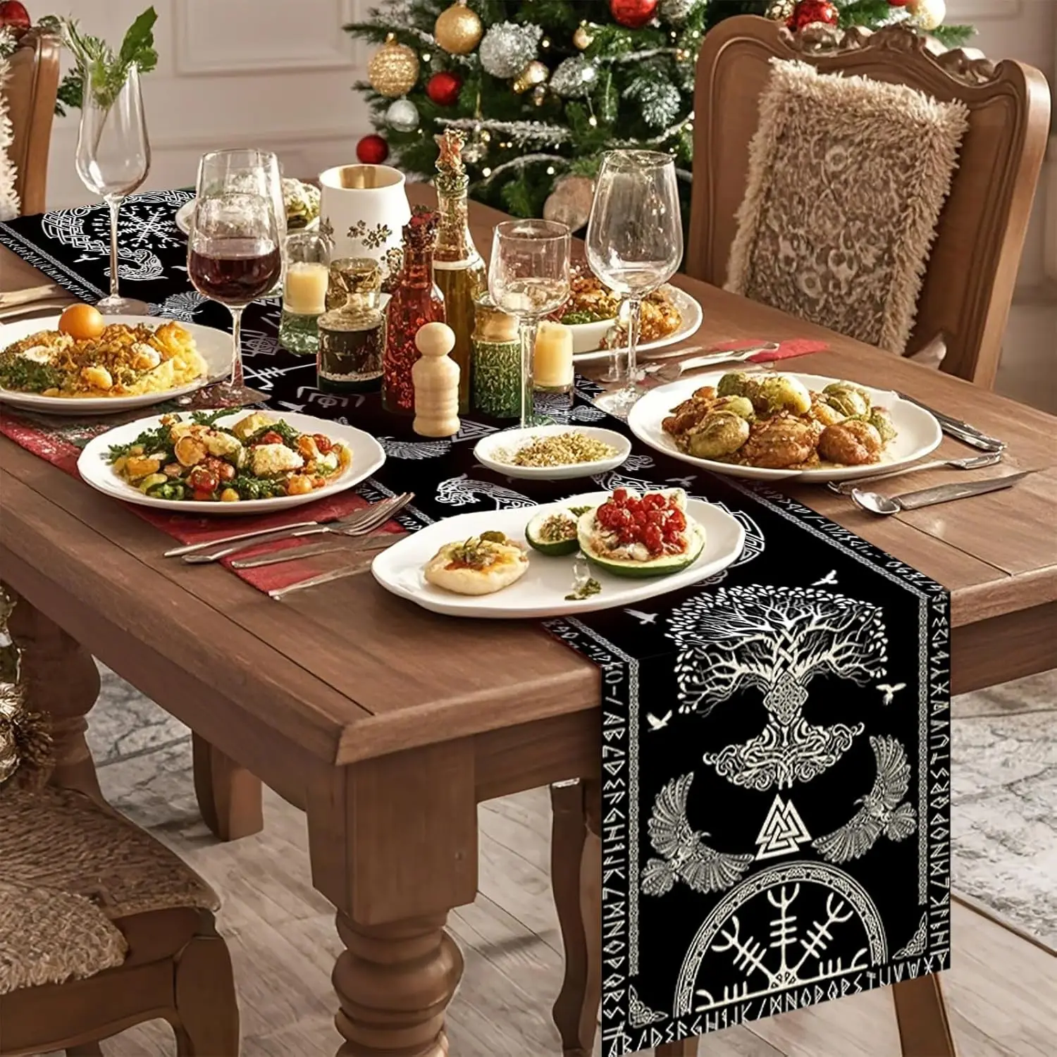 Black Viking Sacred Tree Linen Table Runner Party Decor Celtic Raven Helmet of Awe Kitchen Dining Table Runner Home Table Decor 3