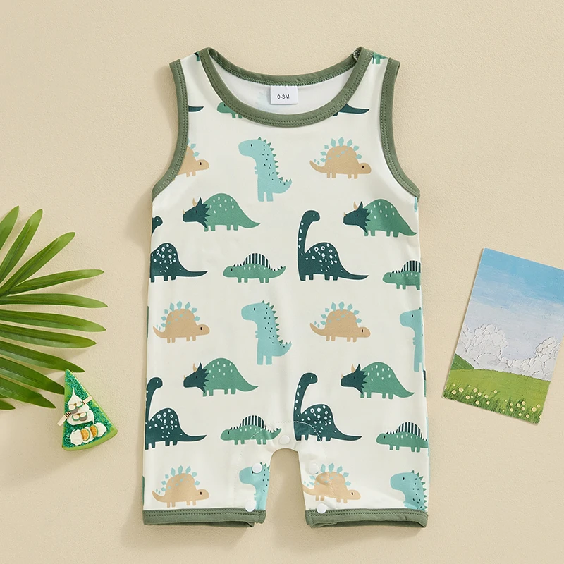 

0-18M Newborn Baby Boy Summer Romper Fashion Sleeveless Round Neck Dinosaur Print Infant Jumpsuit Playsuit