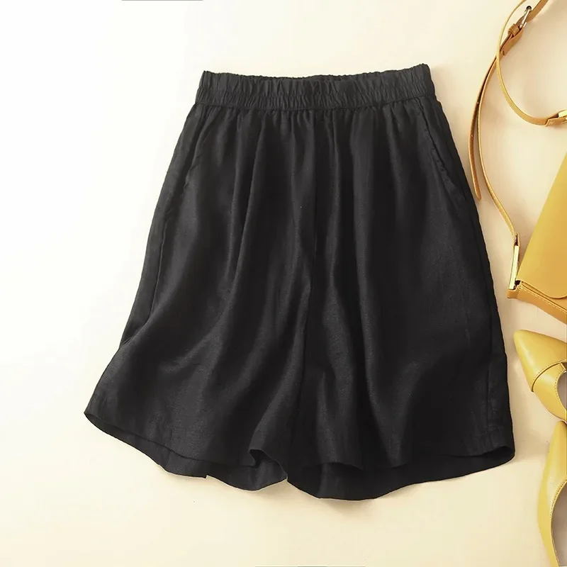 New Plus Size Women's Pants Cotton Linen Elastic Waist Slimming Bell Bottoms Casual Versatile Solid Colors Shorts Summer