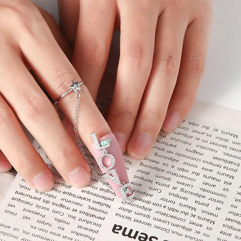 

Women Love Letter Pendant Chain Adjustable Ring Nail Art Decoration Nail Rhinestones Nail Jewelry Nail Accessories