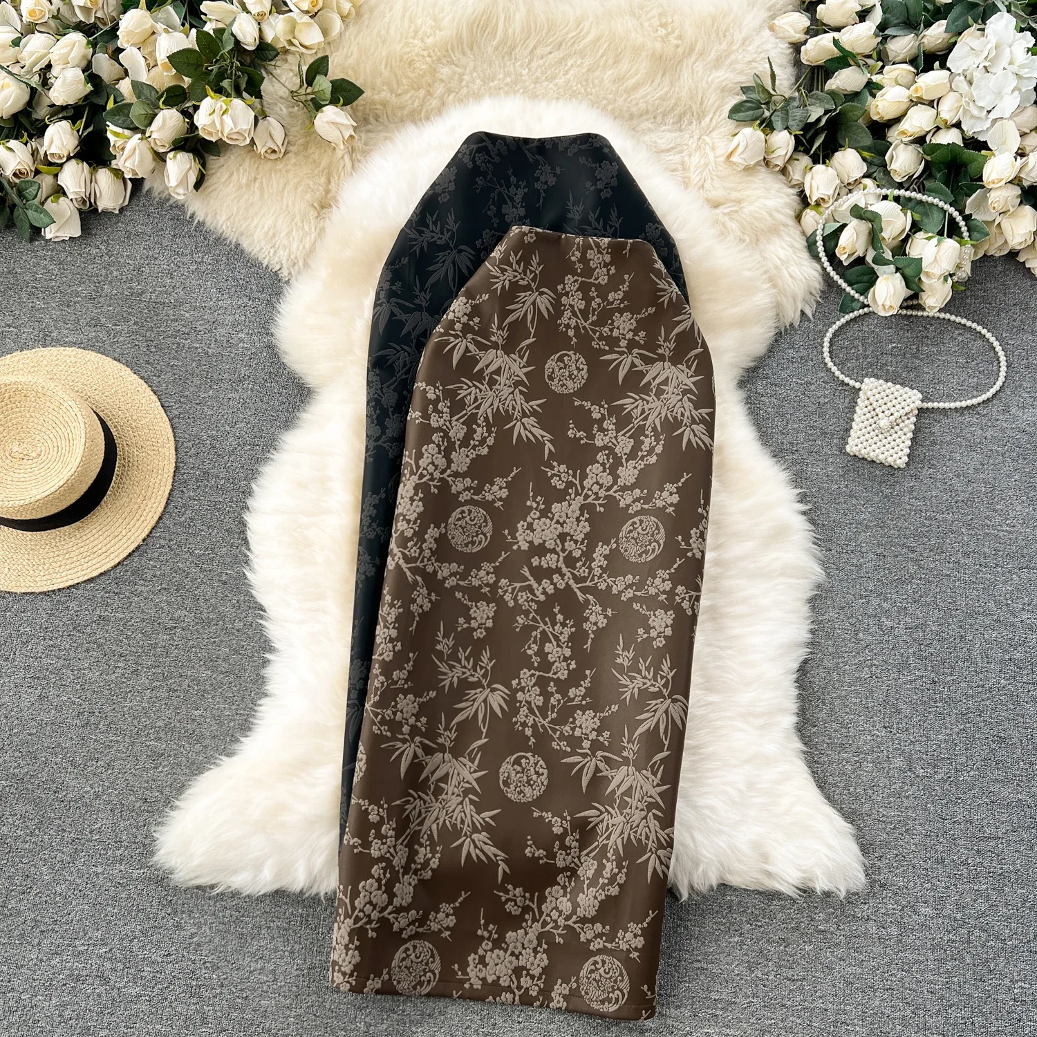 

Chinese Retro Skirts for Women Floral Print High Waist Female Long Skirts Split Vintage Autumn Slim Fit MidiSkirt Dropshipping