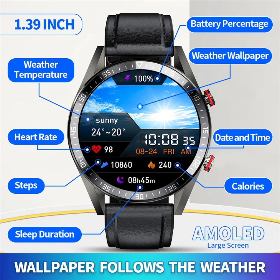 2022 New 454*454 AMOLED screen smart watch Always display the time bluetooth call local music Weather smartwatch for men Android