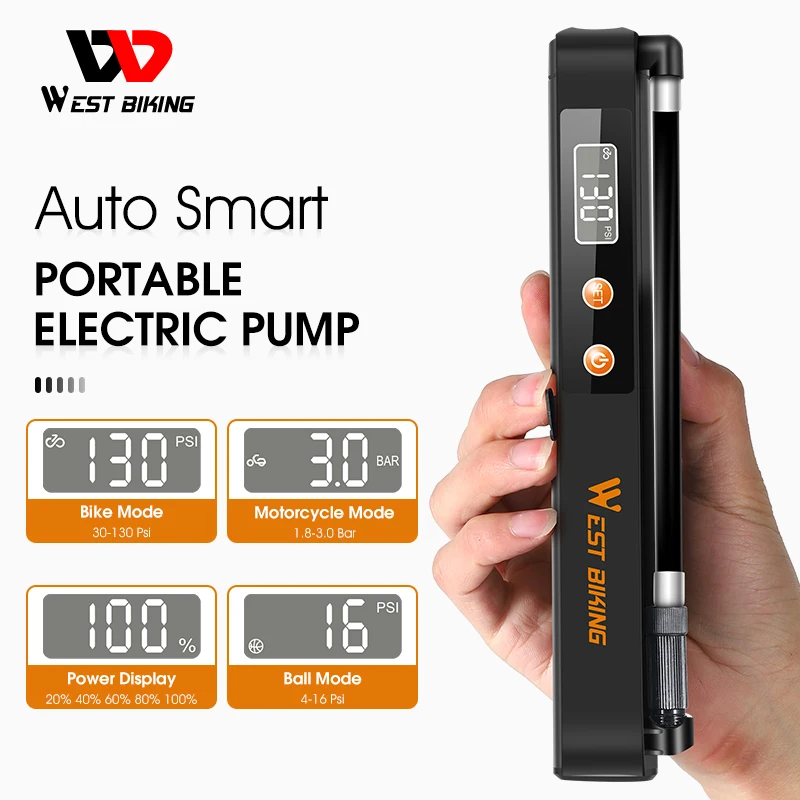 West Biking Smart Auto Pump Compressore D'Aria Portatile Wireless 130Psi Gonfiatore Per Pneumatici Moto Ball Bicicletta Pompa Elettrica Veloce