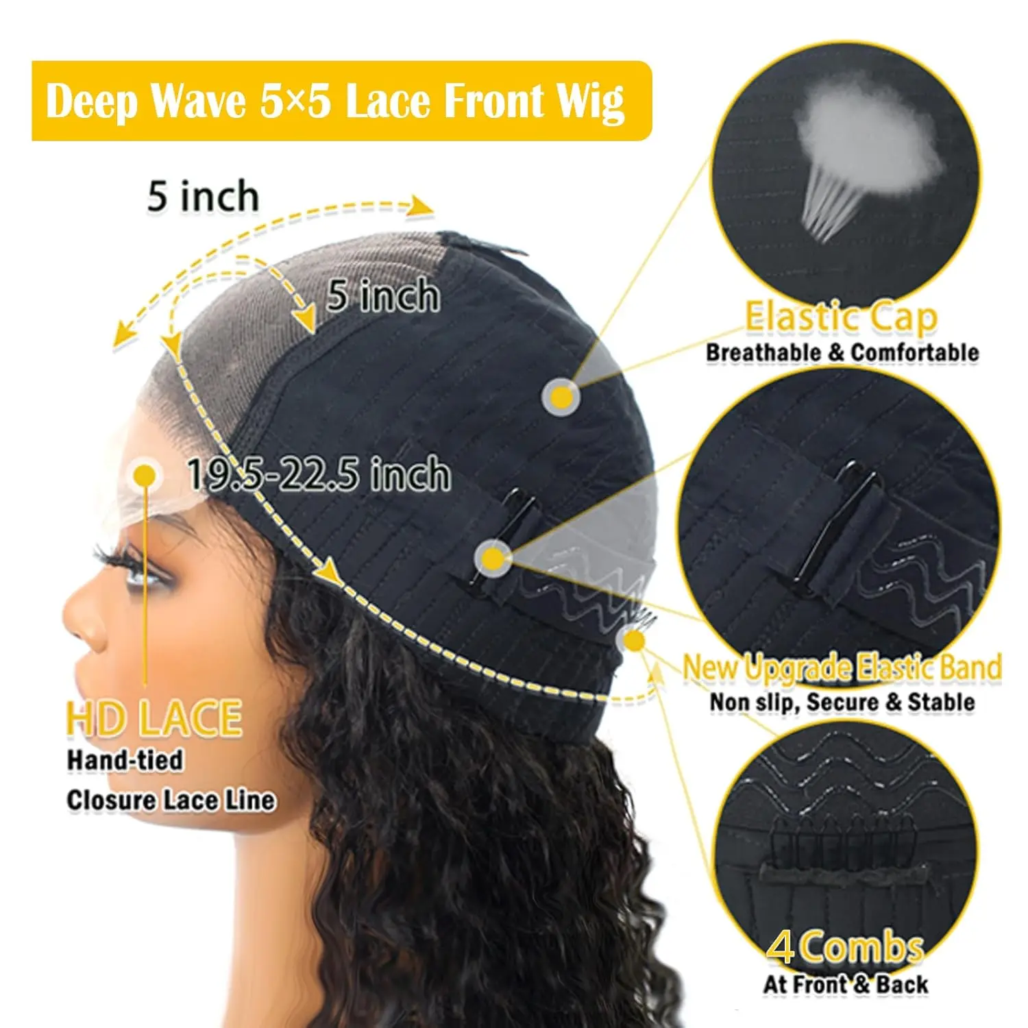 200% Density 5x5 HD Lace Closure Wigs Human Hair Glueless Wigs Human Hair Pre Plucked Pre Cut Deep Wave Lace Closure Wig 20 Inch