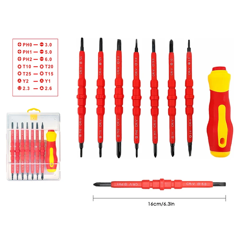 Electrician Repair Tools Kit 13pcs 1000V Changeable Insulated Screwdrivers Set with Magnetic Slotted Phillips Pozidriv Torx Bits 5