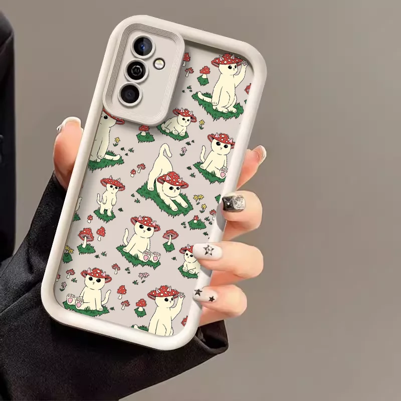 Whimsical Cartoon Cat & Mushroom Silicone Phone Case - Soft and Protective Cover