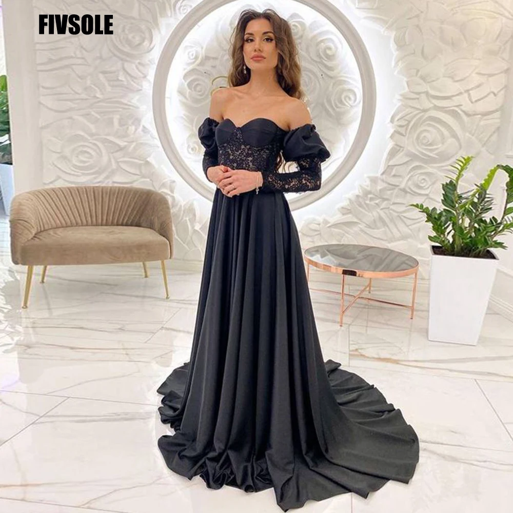 

Fivsole Elegant Dubai Arabic Women Black A-line Prom Dresses Charming Lace Sweetheart Puff Sleeves Wedding Party Evening Gowns