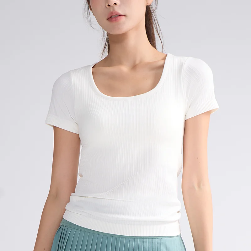 Description Picture 4 of itemYoga Sports Threaded Short Sleeved Women with Fixed Chest Pads Fitness Yoga Clothes Summer Thin Oversized Fitness Short Sleeved