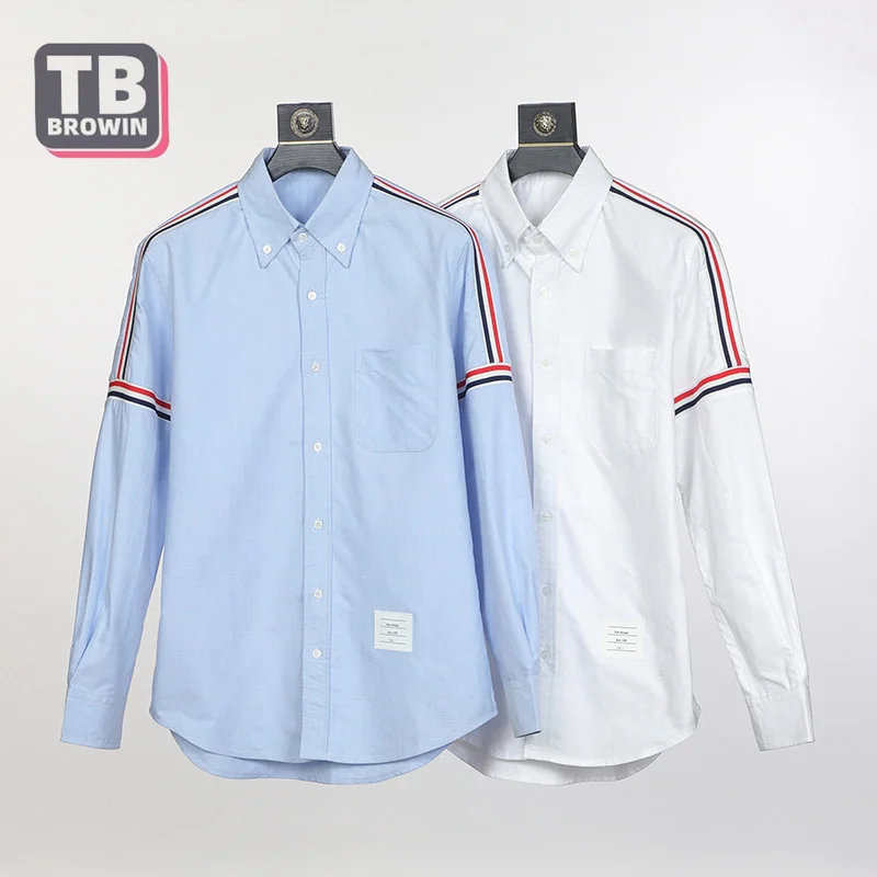 

TB Four-Bar Thom Men's Shirt Sleeved Ribbon Top Clothing Poplin Slim Casual Long Sleeve Cotton Korean Fashion Blouses