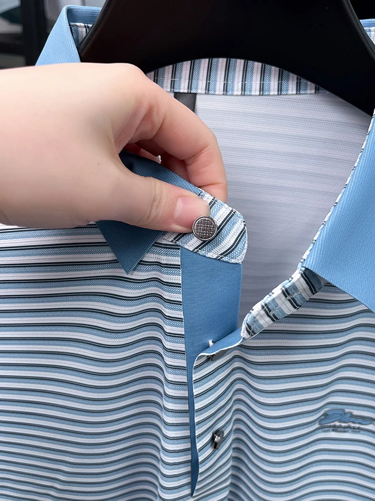 Fashion stripe color blocked men short sleeve polo shirt summer new trend brand embossed silky smooth breathable casual T-shirt 26 Sd1b65b3ae8ce4460b53c9a60c80317068
