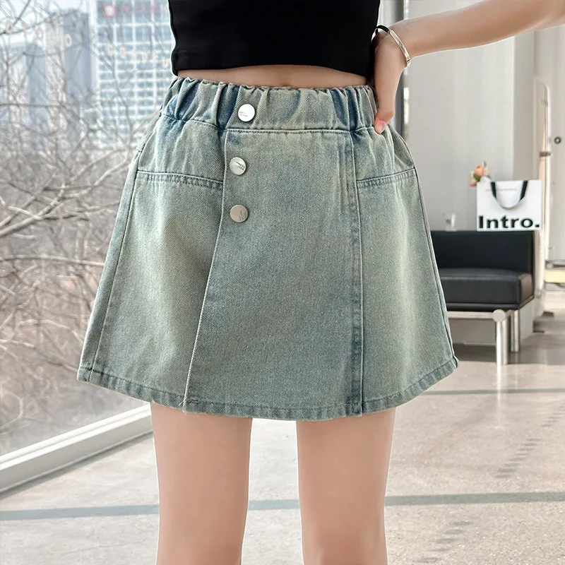 Girls Denim shorts Skirt Summer Children's Culottes Teenager Kids Casual Pantskirt Checkerboard Button Trouser Skirts