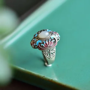 White Jade Lotus Rings Amulet Fashion Jewelry Amulets Adjustable Ring Talismans Gifts 925 Silver Chinese Natural Women Charm