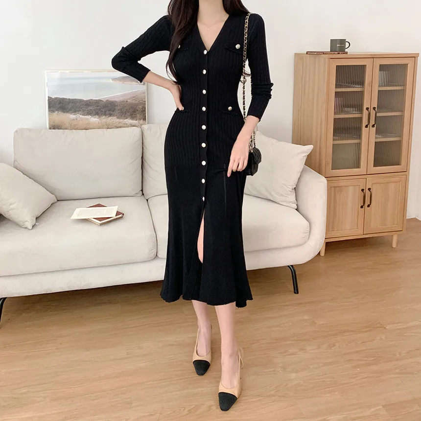 Korean Chic Knitted Dresses for Women V-neck Long Sleeve Slim Bodycon Ruffles Party Dress Casual Autumn Winter New Vestidos