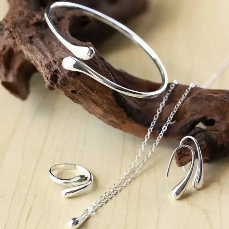 Worparsen 4-Piece Jewelry Set For Women – Teardrop Pendant Necklace, Earrings, Bracelet & Ring, Hypoallergenic Alloy - View #8