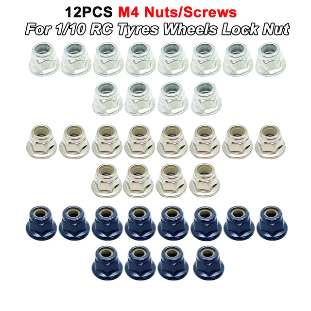 12Pcs M4 Metall Rad Schloss Mutter Hex Flansch Nylon Einsatz Schloss Mutter  Self-locking Mutter für 1/10 1/8 RC Auto M4 Mutter Teile 4x4mm - AliExpress