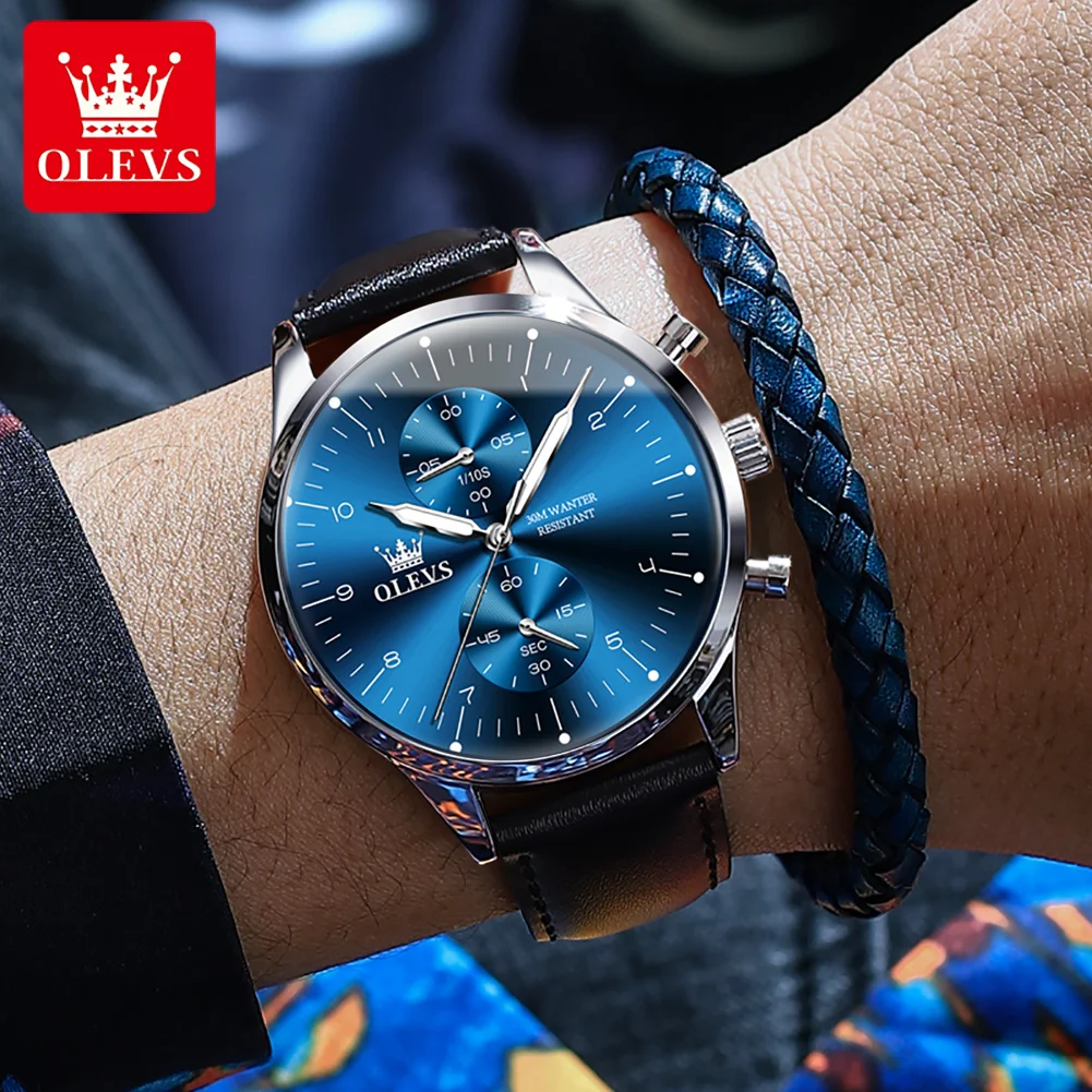OLEVS Men Casual Sport Watches Leather Band Calendar Quartz Watch For