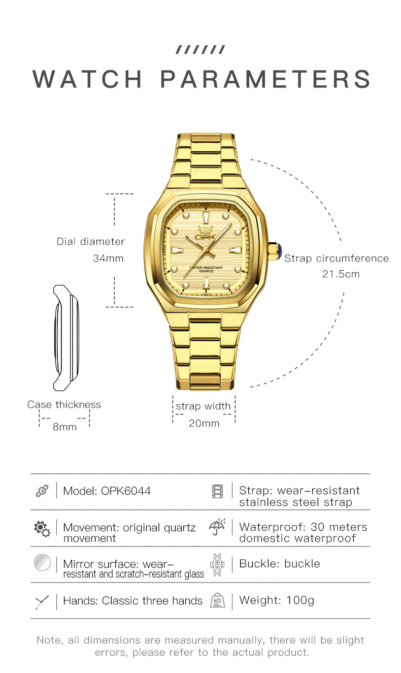 OPK 6044 Men's Wristwatch Gold Stainless steel Square Simple Waterproof Luminous Quartz Men Watch 5