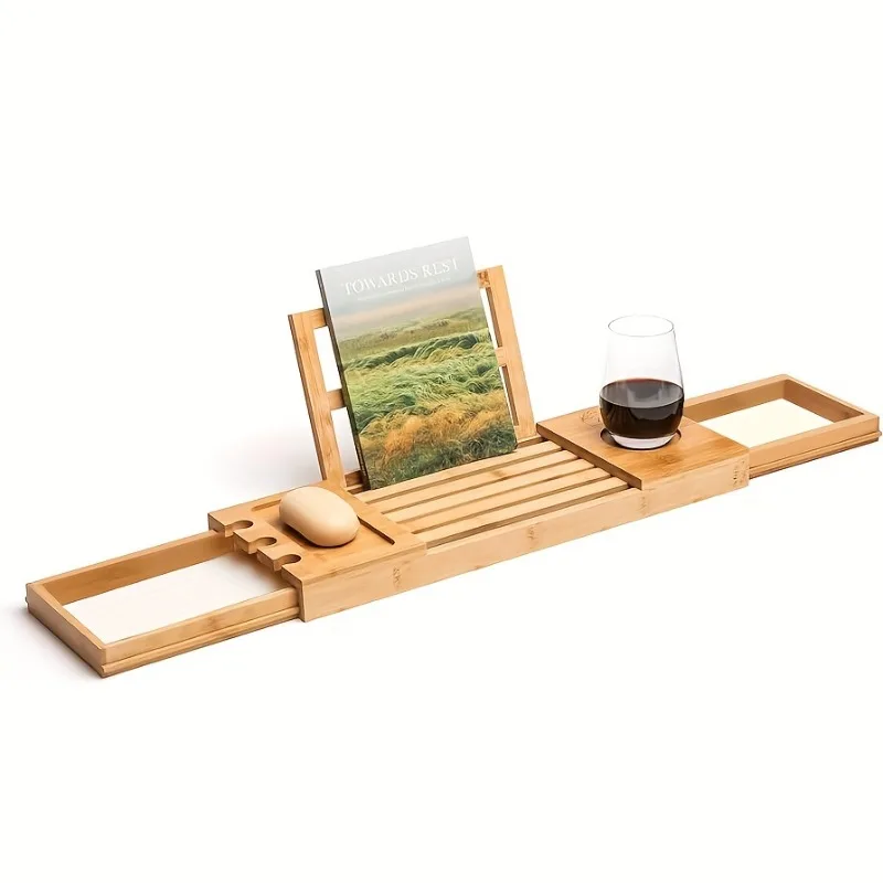 Multifunctional Bamboo Bath Tub Tray Adjustable Shower Shelf Bathroom Organizer with Non-Slip Design for Spa Bathtub Storage