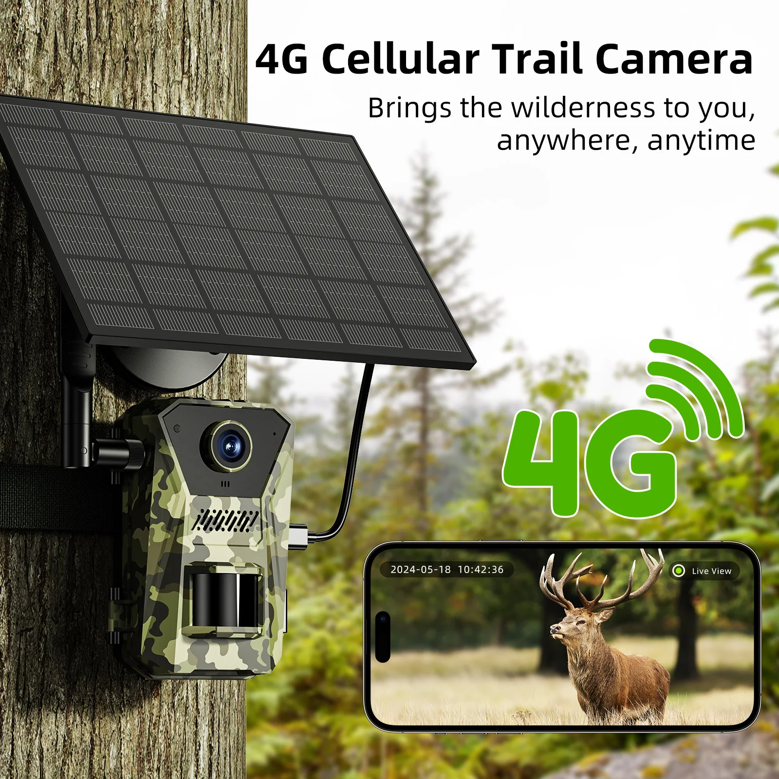 4G 태양광 울트라 클리어 야외 사냥 카메라, 적외선 야간 투시경 PIR 센서, 동물 관찰 및 모니터링 카메라