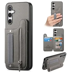 Zipper Card Slot Leather Wallet Case with Elastic Rope Wrist Strap - Galaxy A04 (Grey)