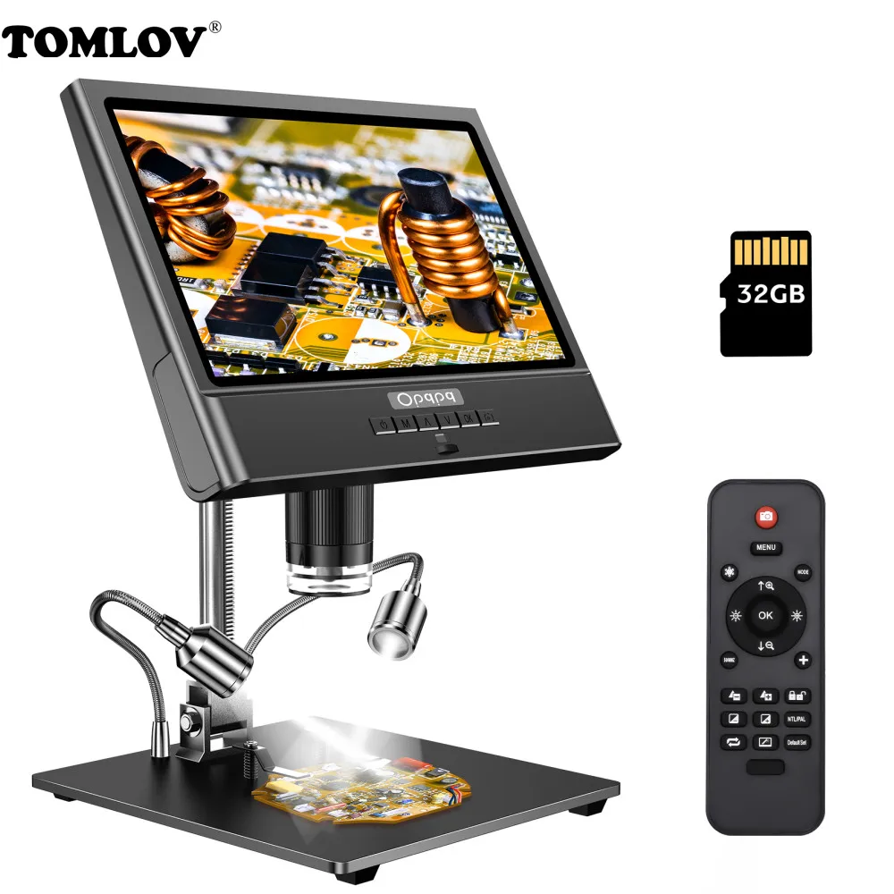 

TOMLOV 10" Digital Microscope 1080P 1300X Video Microscope Metal Stand Remote Control 32GB Microscopio For Mobile Phone Repair