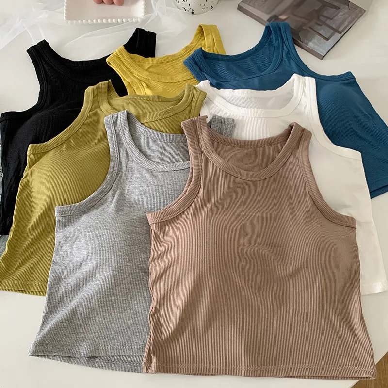 

Women Summer Solid Wear Sports Fashion Vest With Chest Pad Casual Versatile Sleeveless Short Crop Top Yoga Camiso