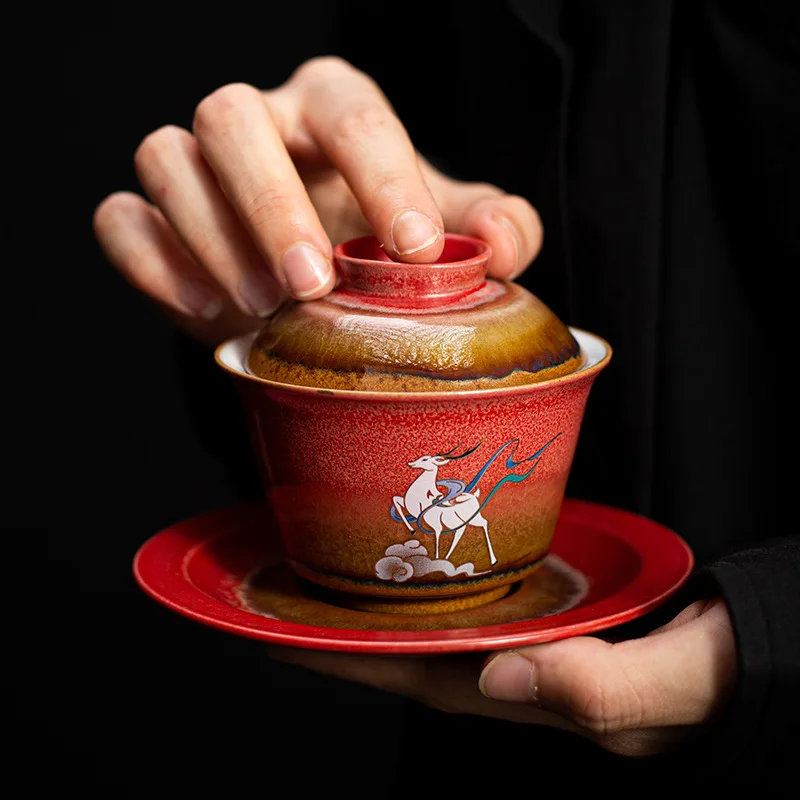 Deer Gaiwan Tea Ceramic Tureen Lid Teaware Chinese Red Tea Bowl Chawan Lily Deng's store