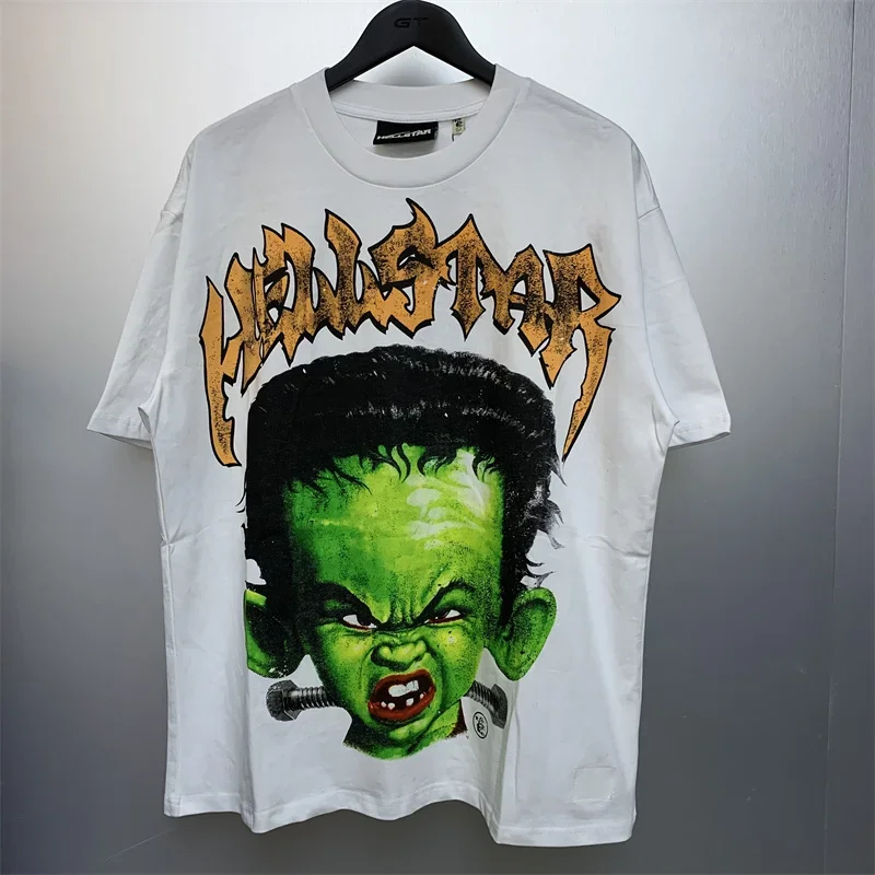 

New Hellstar 100% Cotton T-shirt Letter Green Face Print High Street Round Neck Couple Top Short Sleeve