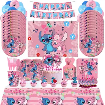 Disney Pink Stitch Birthday Party Decoration Lilo And Stitch Theme Tableware Angel Balloon Plates Cups Supplies For Kids Girls