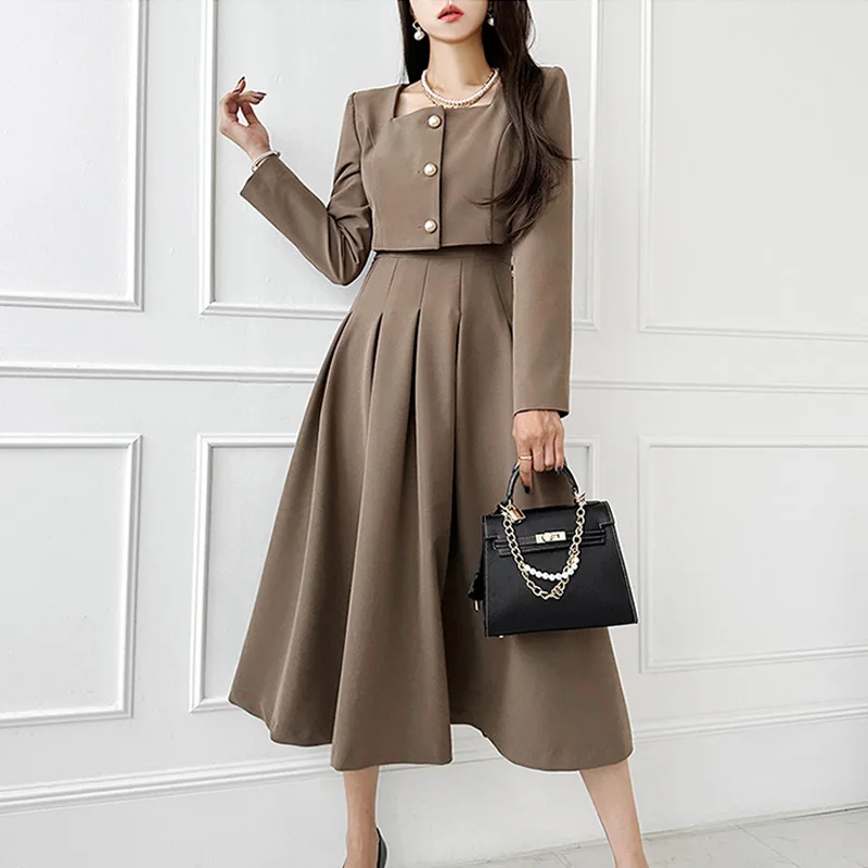 

Casual Dress Sets Women's Coat Suits Square Collar Jacket Women Autumn New Spaghetti Strap Midi Dresses Two-piece Suit Ladies