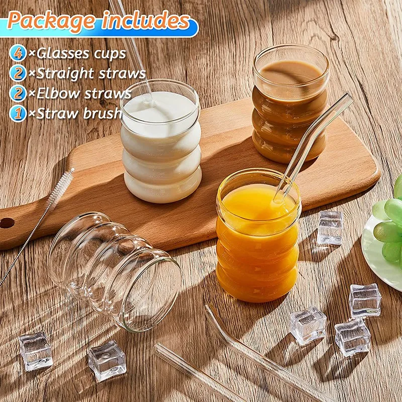 4 Pack Single-Layer Corrugated Glass Straw Cup With Straw Ribbed Glassware  Kitchen Coffee Juice Set - AliExpress