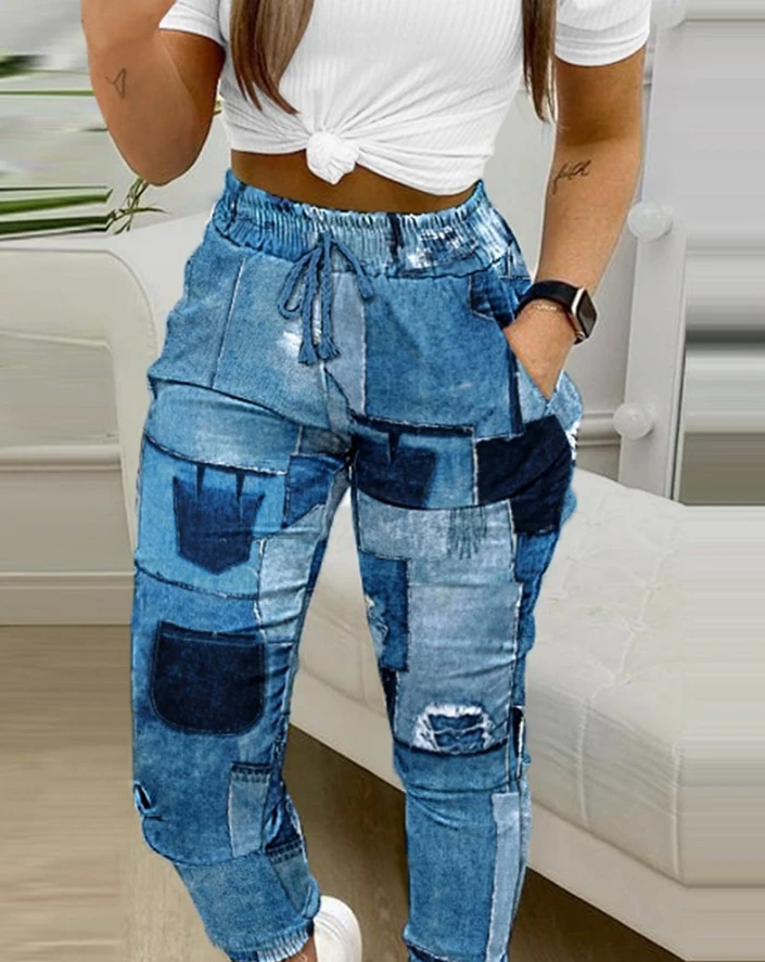 Women's Spring/summer/autumn Harlan Pants Camo Printed Pocket Design Drawstring Sports Casual Comfortable Pants