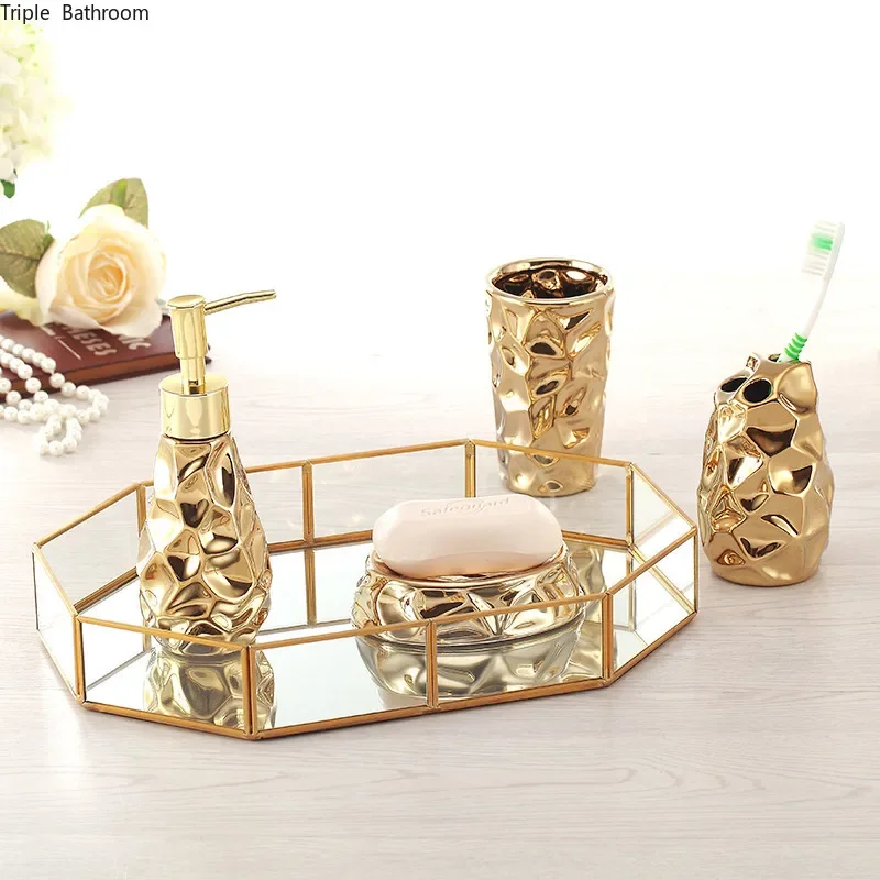 Ceramic bathroom set four-piece Gold tooth brush holder Soap Dispenser soap box bathroom decoration accessories Wedding gifts soap dispenser bathroom accessories set