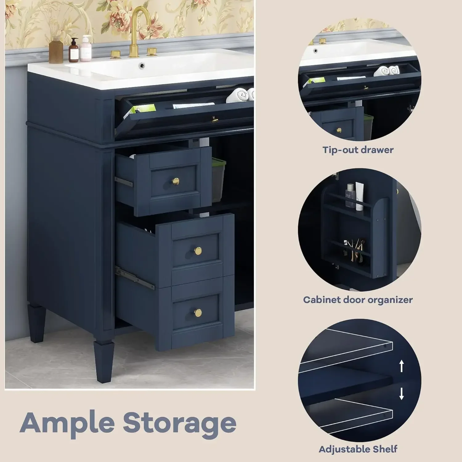 30" Bathroom Vanity with Single Sink Combo, Modern Undermount Bathroom Sink Cabinet with 2 Drawers Blue 4