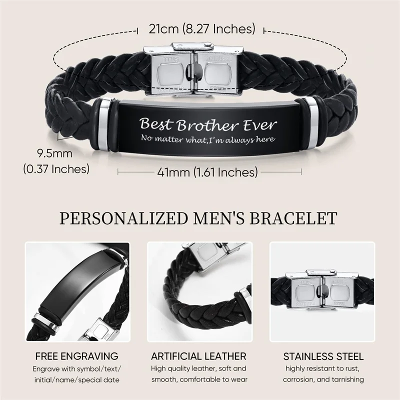 Personalized Leather Bracelet for Men Stainless Steel Custom Engraved Name ID Bracelet Gift for him Customized Wristband Gift