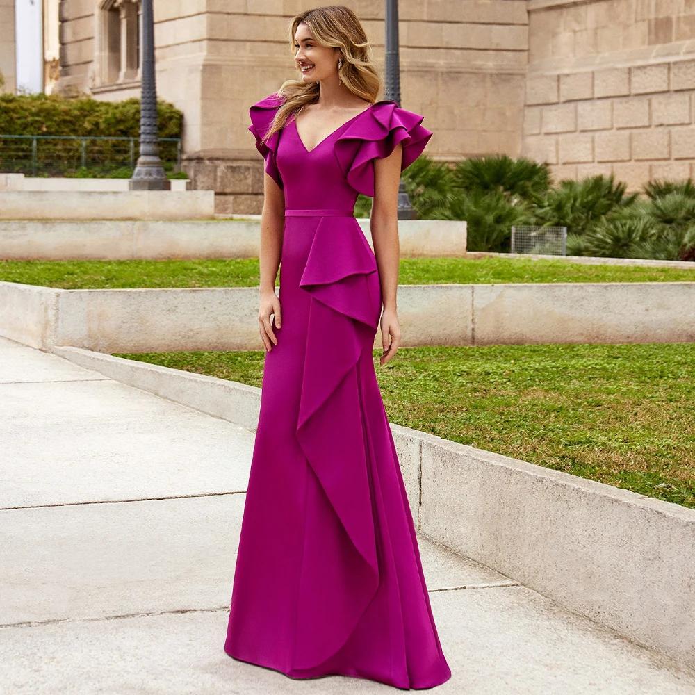 Mother bride dresses Elegant Mother of the Bride Dresses Mermaid Ruffle V Neck Wedding Guest Gown for Women Trumpet Formal Evening Dress Fuchsia