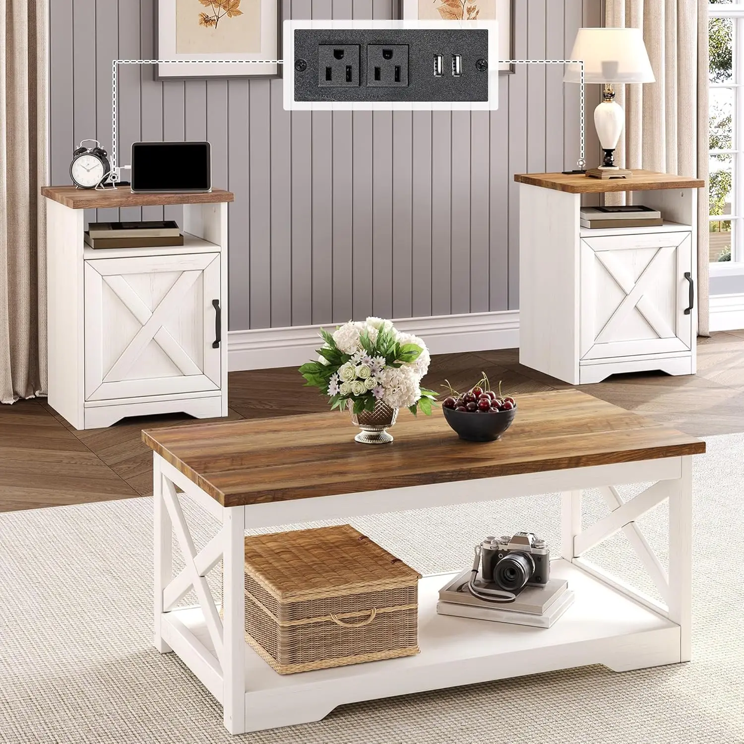 3-Piece Farmhouse Living Room Table Sets, Includes 1 x Coffee Table, 2 x End Tables with Charging Station & USB, Customized