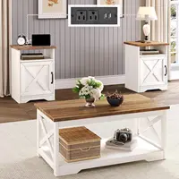 3-Piece Farmhouse Living Room Table Sets, Includes 1 x Coffee Table, 2 x End Tables with Charging Station & USB, Customized