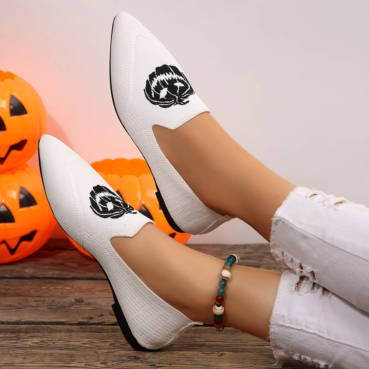 Women's Pointed Toe Flat Shoes Solid Color Knitted Slip-On Casual Breathable Ballet Flats Loafers Comfortable Footwear