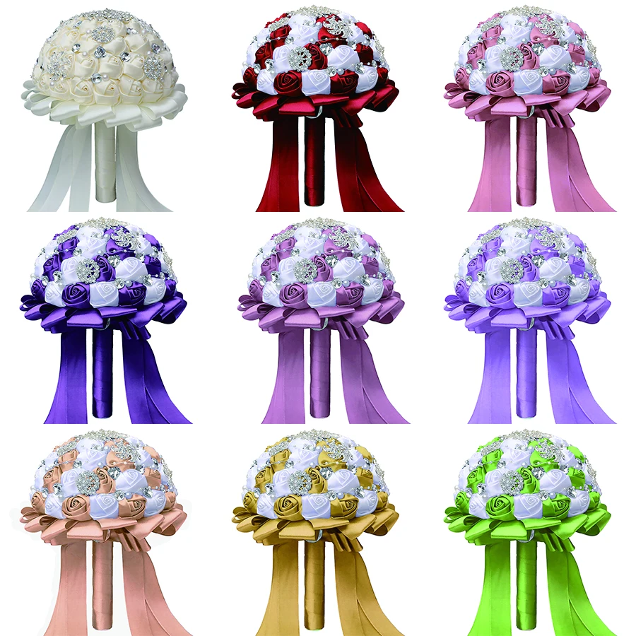 

25 Colors Korean Style Silk Ribbon Bridal Wedding Bouquet Diamond Pearl Hand Bouquet Wedding Accessories Crystal Dried Flowers