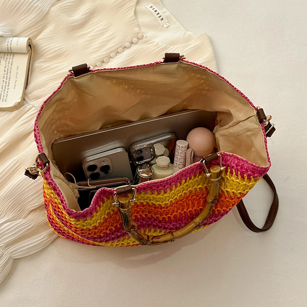 Borse da donna con coulisse intrecciate a mano borsa a tracolla da donna in tessuto di paglia di grande capacità con manico in bambù - immagine 5